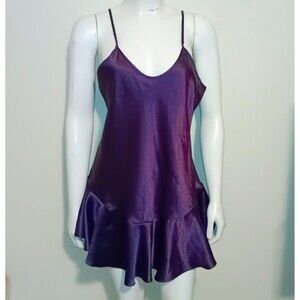 Vtg Angelique Satin Chemise Nightgown-Medium-Spaghetti Strap-Slip Dress-Ruffle